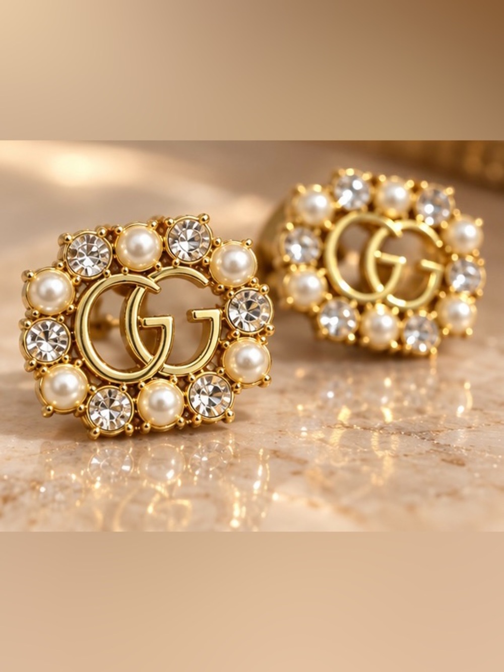 Gold Tone Pearl & Crystal Monogram Statement Stud Earrings